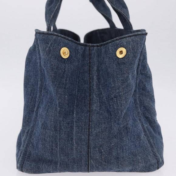 PRADA Canapa MM Hand Bag Denim Blue Gold Tone Auth 201120