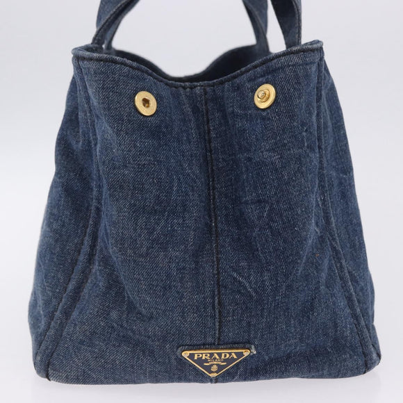 PRADA Canapa MM Hand Bag Denim Blue Gold Tone Auth 201120