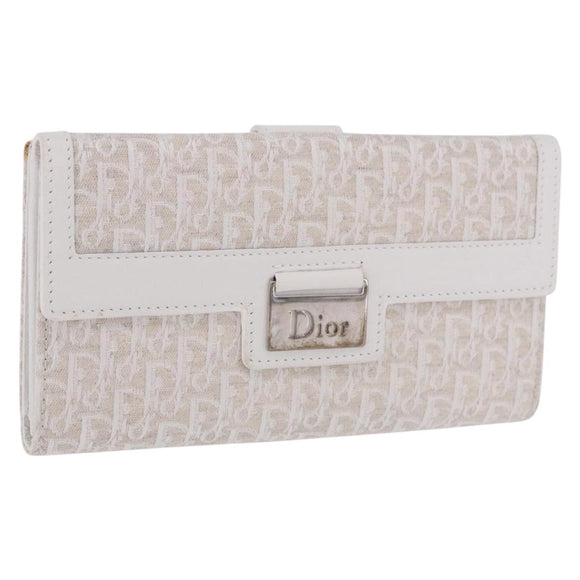Christian Dior Trotter Canvas Long Wallet Beige Silver Auth 201131V