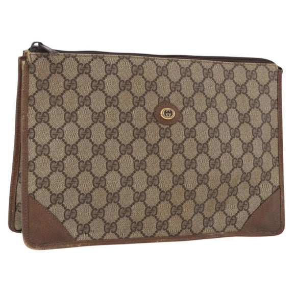 GUCCI GG Supreme Clutch Bag PVC Beige Gold Tone 89 01 029 Auth 201147