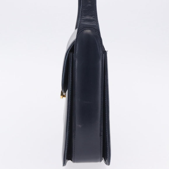 GUCCI Shoulder Bag Leather Navy Gold Tone Auth 201158