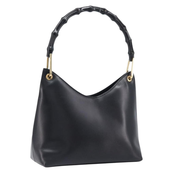 GUCCI Bamboo Hand Bag Leather Black Gold Tone 001 3008 Auth 201175