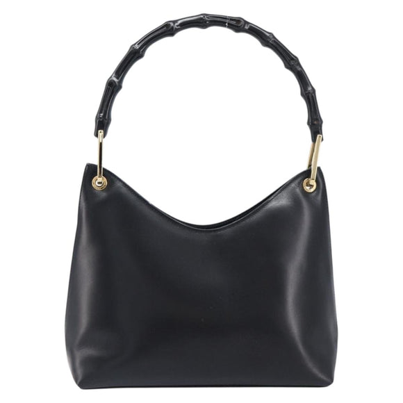 GUCCI Bamboo Hand Bag Leather Black Gold Tone 001 3008 Auth 201175