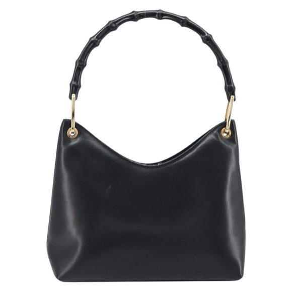 GUCCI Bamboo Hand Bag Leather Black Gold Tone 001 3008 Auth 201175