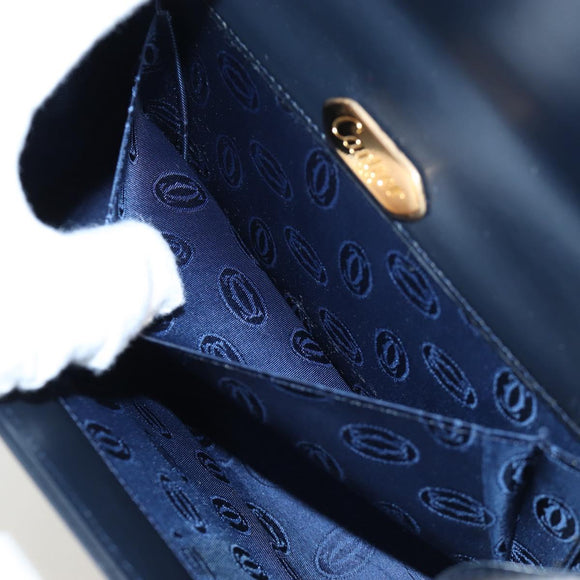 CARTIER Chain Shoulder Bag Leather Navy Gold Auth 201192V