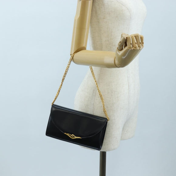 CARTIER Chain Shoulder Bag Leather Navy Gold Auth 201192V