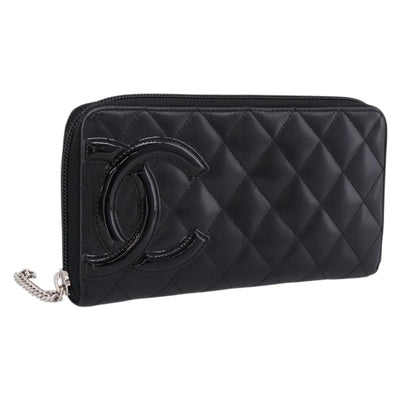CHANEL Cambon Line Matelasse Long Wallet Leather Black Silver CC Auth 201210A