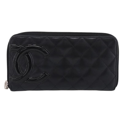 CHANEL Cambon Line Matelasse Long Wallet Leather Black Silver CC Auth 201210A - 0