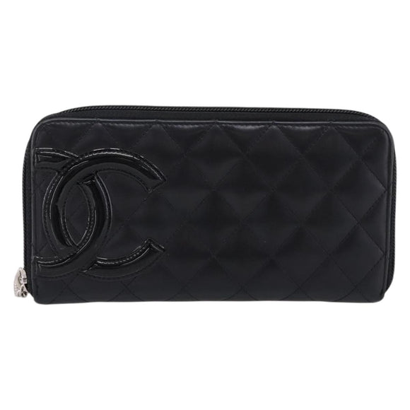 CHANEL Cambon Line Matelasse Long Wallet Leather Black Silver CC Auth 201210A
