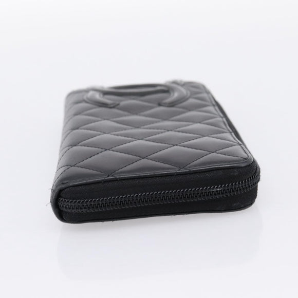 CHANEL Cambon Line Matelasse Long Wallet Leather Black Silver CC Auth 201210A