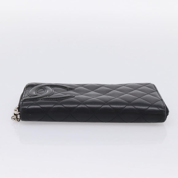 CHANEL Cambon Line Matelasse Long Wallet Leather Black Silver CC Auth 201210A
