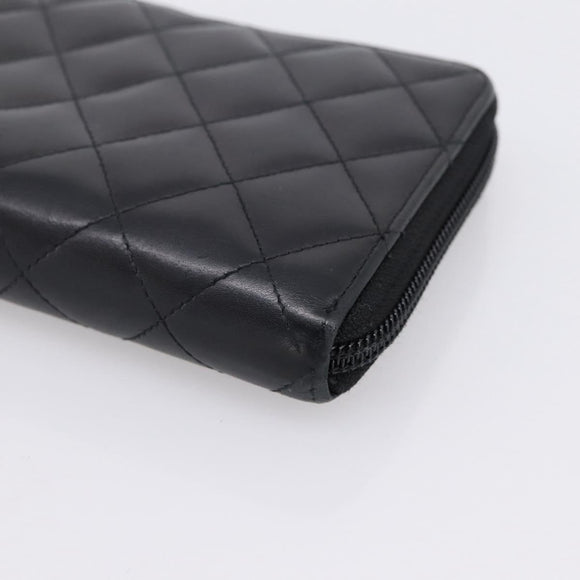 CHANEL Cambon Line Matelasse Long Wallet Leather Black Silver CC Auth 201210A