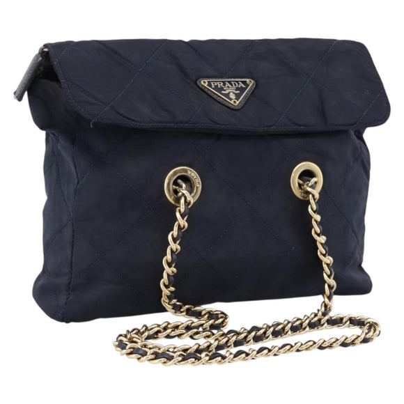 PRADA Chain Shoulder Bag Nylon Navy Gold Tone Auth 201216