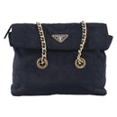 PRADA Chain Shoulder Bag Nylon Navy Gold Tone Auth 201216-2
