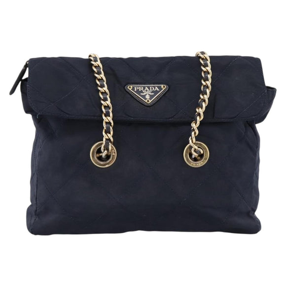 PRADA Chain Shoulder Bag Nylon Navy Gold Tone Auth 201216