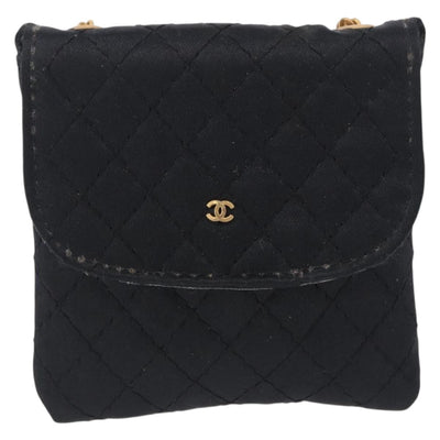 CHANEL Matelasse Chain Shoulder Pouch Satin Black Gold Tone CC Auth 201248 - 0