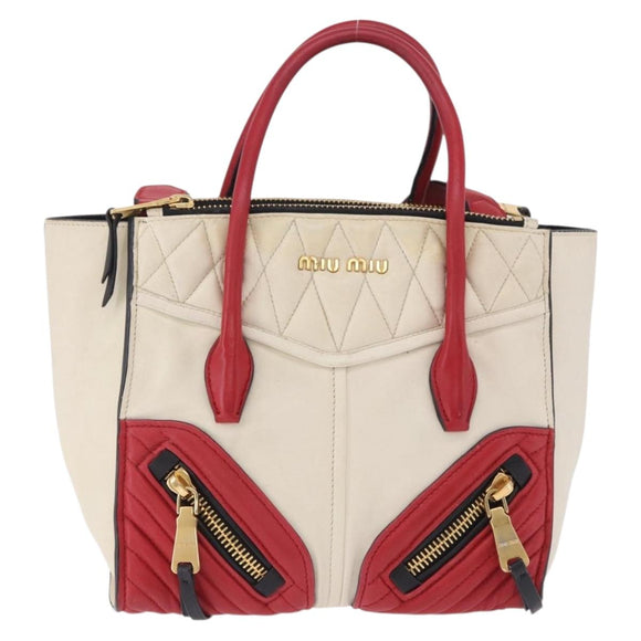 Miu Miu Biker Matelasse Hand Bag Leather 2way Ivory Red Auth 201287