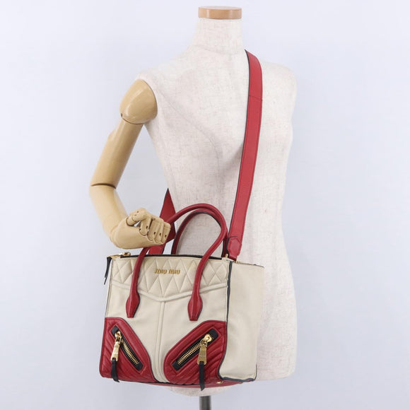 Miu Miu Biker Matelasse Hand Bag Leather 2way Ivory Red Auth 201287
