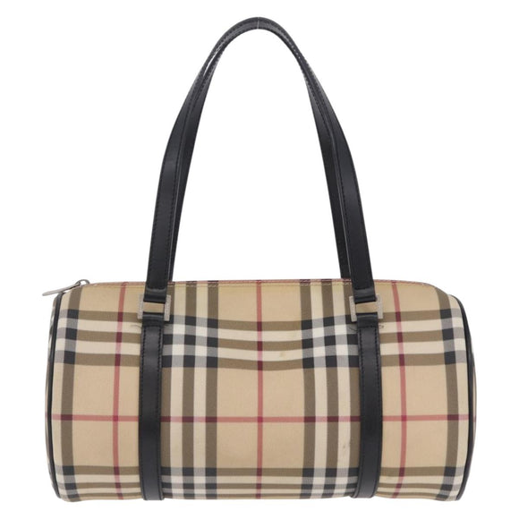 BURBERRY Nova Check Hand Bag PVC Leather Beige Silver Auth 201315V