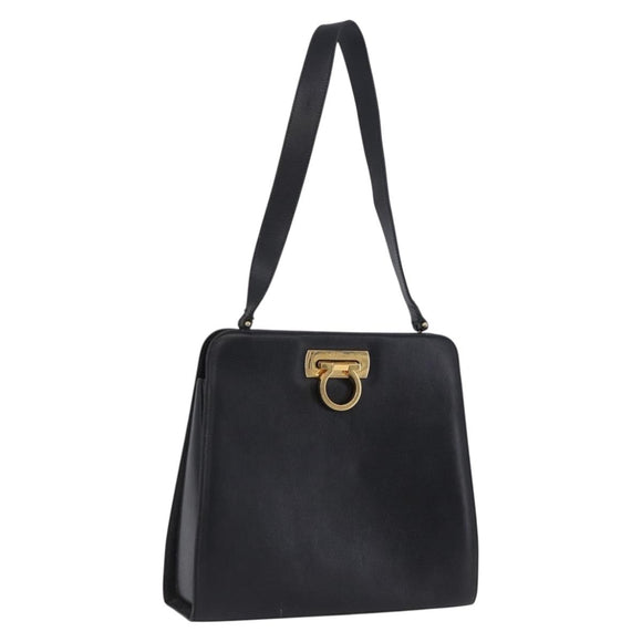 Salvatore Ferragamo Gancini Shoulder Bag Leather Black Gold Tone Auth 201321