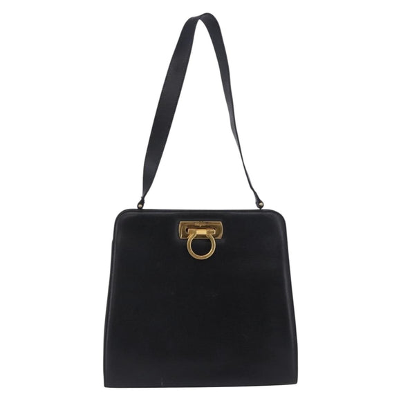 Salvatore Ferragamo Gancini Shoulder Bag Leather Black Gold Tone Auth 201321
