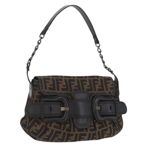 FENDI Zucca Canvas Chain Shoulder Bag Black Brown Auth 201338V