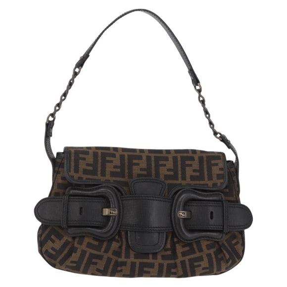 FENDI Zucca Canvas Chain Shoulder Bag Black Brown Auth 201338V