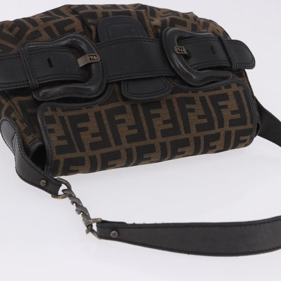 FENDI Zucca Canvas Chain Shoulder Bag Black Brown Auth 201338V