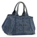 PRADA Canapa MM Hand Bag Denim Blue Gold Auth 201344-1