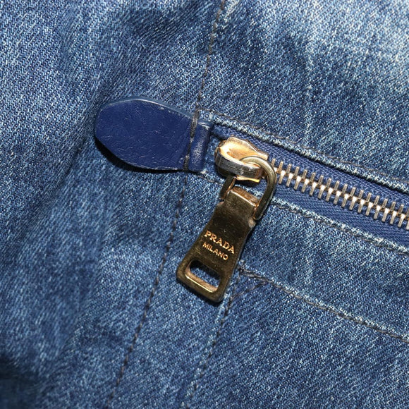 PRADA Canapa MM Hand Bag Denim Blue Gold Auth 201344