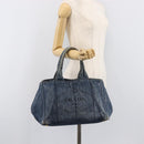 PRADA Canapa MM Hand Bag Denim Blue Gold Auth 201344-29