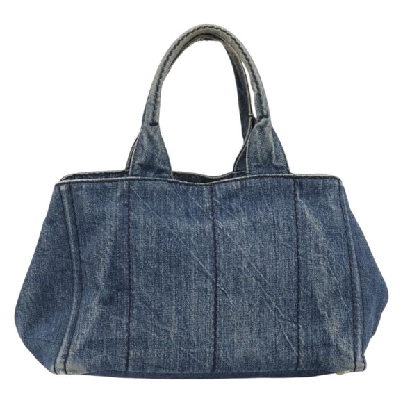 PRADA Canapa MM Hand Bag Denim Blue Gold Auth 201344