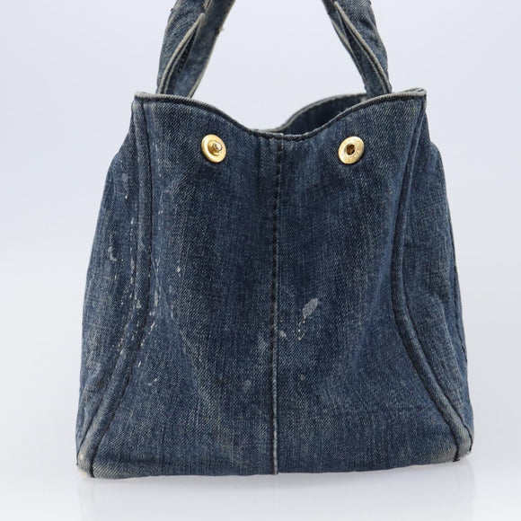 PRADA Canapa MM Hand Bag Denim Blue Gold Auth 201344