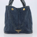 PRADA Canapa MM Hand Bag Denim Blue Gold Auth 201344-5