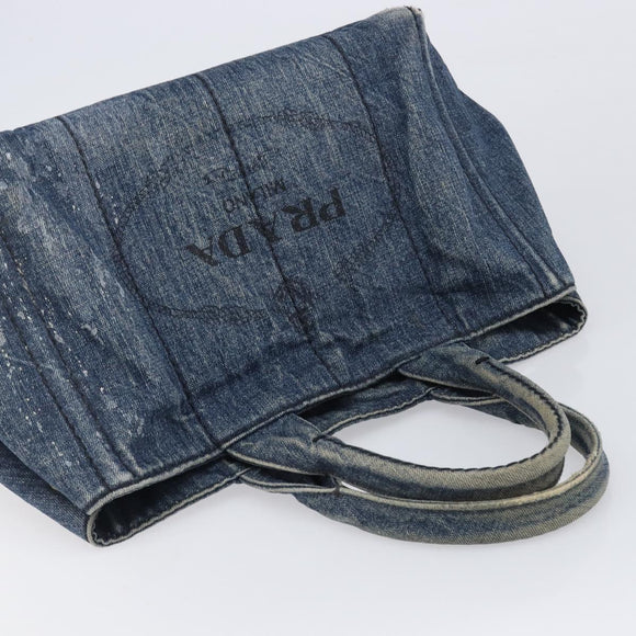 PRADA Canapa MM Hand Bag Denim Blue Gold Auth 201344