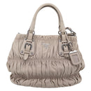 PRADA Gathered Hand Bag Leather 2way Beige Silver Auth 201361V-13