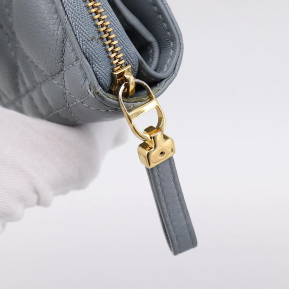 Christian Dior Caro Bifold Wallet Leather Blue Gold Auth 201373A