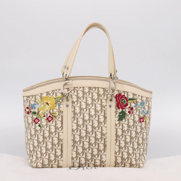 Christian Dior Trotter Canvas Hand Bag Beige Silver Auth 201379M