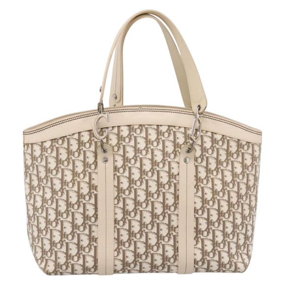 Christian Dior Trotter Canvas Hand Bag Beige Silver Auth 201379M