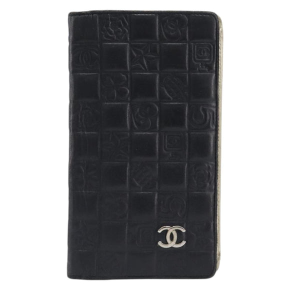 CHANEL Icon Line COCO Mark Long Wallet Leather Black Silver CC Auth 201385