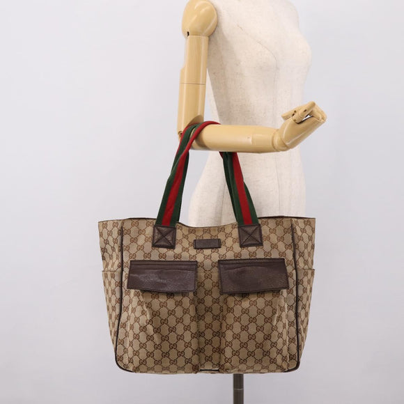 GUCCI GG Canvas Web Sherry Line Tote Bag Beige Silver 161836 Auth 201390A