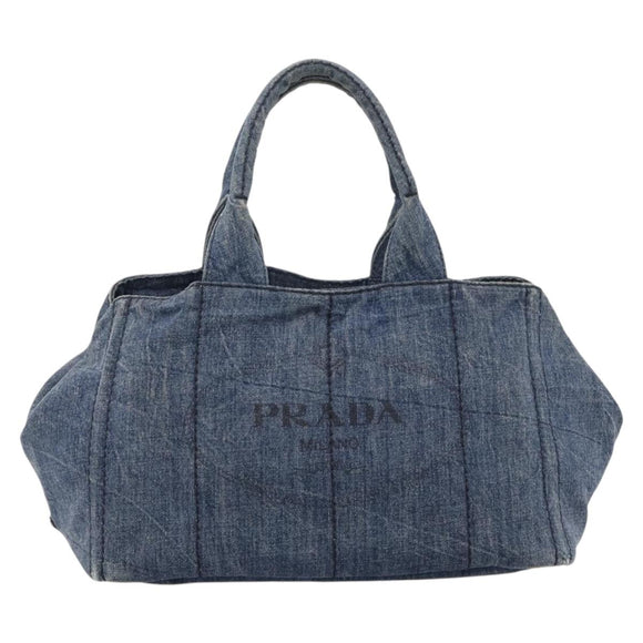 PRADA Canapa MM Hand Bag Denim Blue Gold Auth 201449