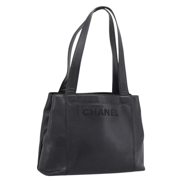 CHANEL Tote Bag Caviar Skin Black Silver CC Auth 201476