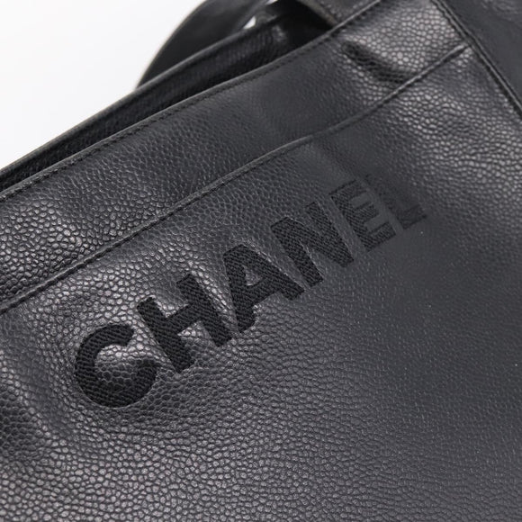 CHANEL Tote Bag Caviar Skin Black Silver CC Auth 201476