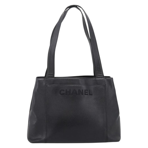 CHANEL Tote Bag Caviar Skin Black Silver CC Auth 201476