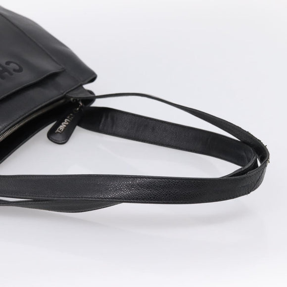 CHANEL Tote Bag Caviar Skin Black Silver CC Auth 201476