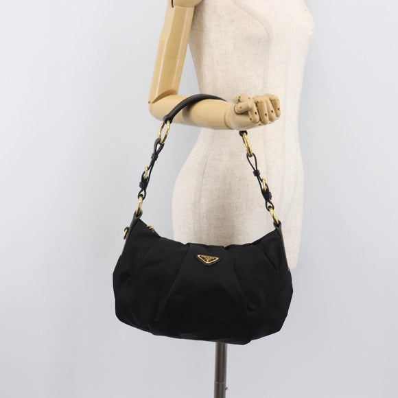 PRADA Shoulder Bag Nylon Black Gold Auth 201478V