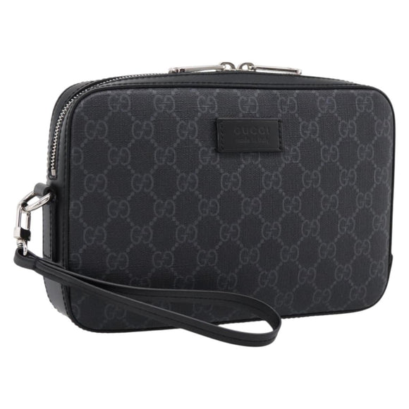 GUCCI GG Supreme Clutch Bag PVC Black Silver 495562 Auth 201486V