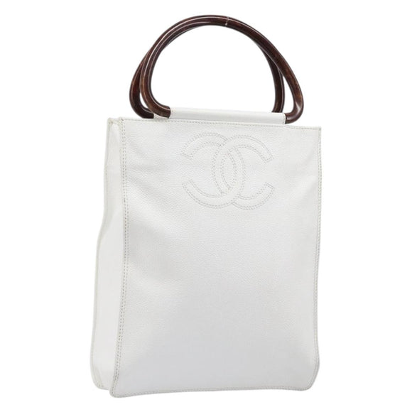 CHANEL COCO Mark Wood Hand Bag Caviar Skin White Gold CC Auth 201487V