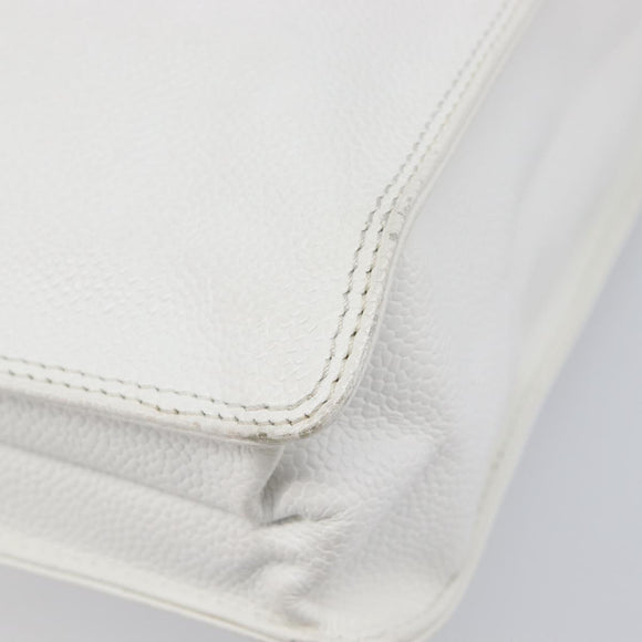 CHANEL COCO Mark Wood Hand Bag Caviar Skin White Gold CC Auth 201487V